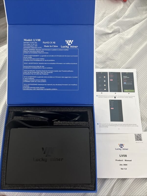 Lucky Miner LV08 , Power Input 12v DC 15A, Hash Rate: 4.2 +/- TH/s , 150W