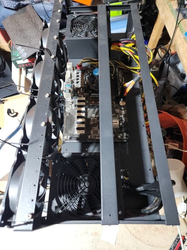 Crypto Mining Rig ASRock H110 Pro BTC+ ATX Mining Motherboard, PSU, Rack W Fans