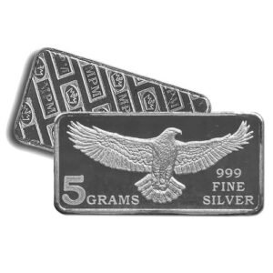 Lot of (5) - 5 Gram .999 Fine Silver Bar - Monarch Precious Metals - Eagle