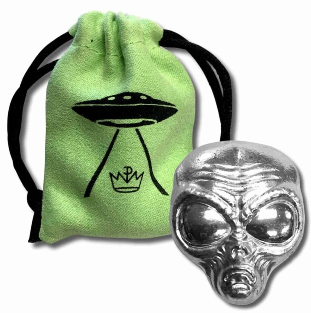 2 oz .999 Fine Silver Alien Head - Monarch 3D Art Bar with Custom Storage Bag
