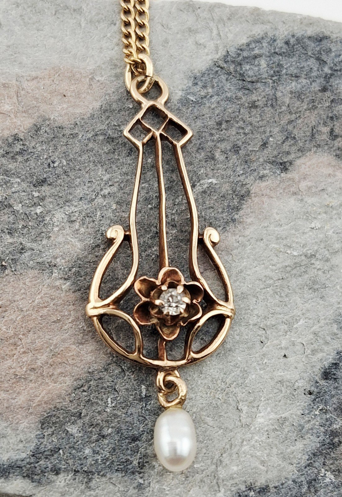 1.7 Grams Solid 14K Art Nouveau GOLD NECKLACE Small Diamond Pearl Scrap Vintage