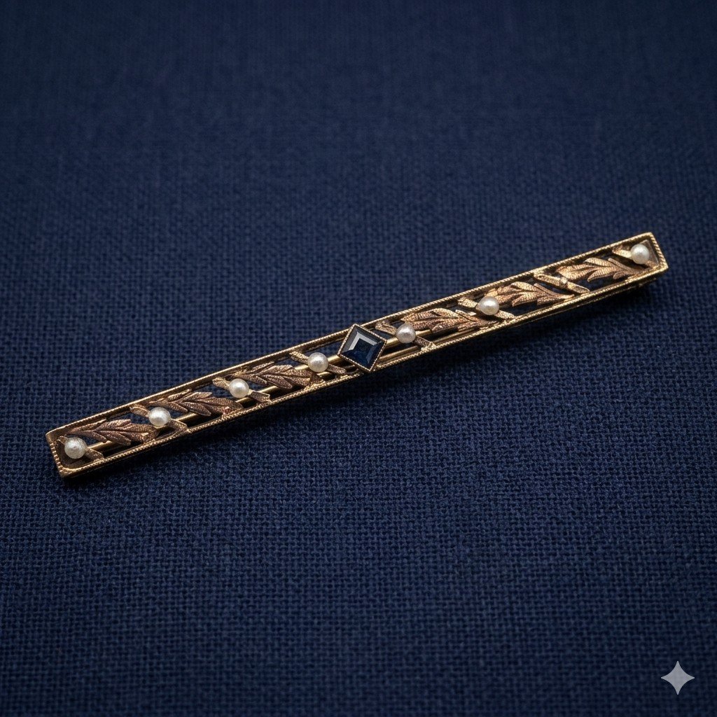 Antique 10K Yellow Gold Pin Sapphire Seed Pearl Wear or Scrap 2.6g Bar Brooch