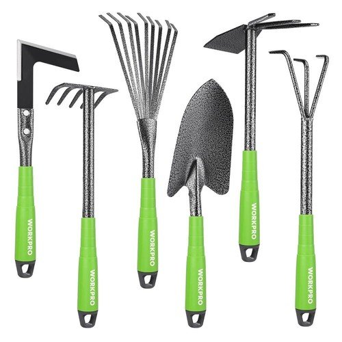 WORKPRO 6pc Garden Tool Set Heavy Duty Rubber Handle Trowel Rakes Hoe Weeder