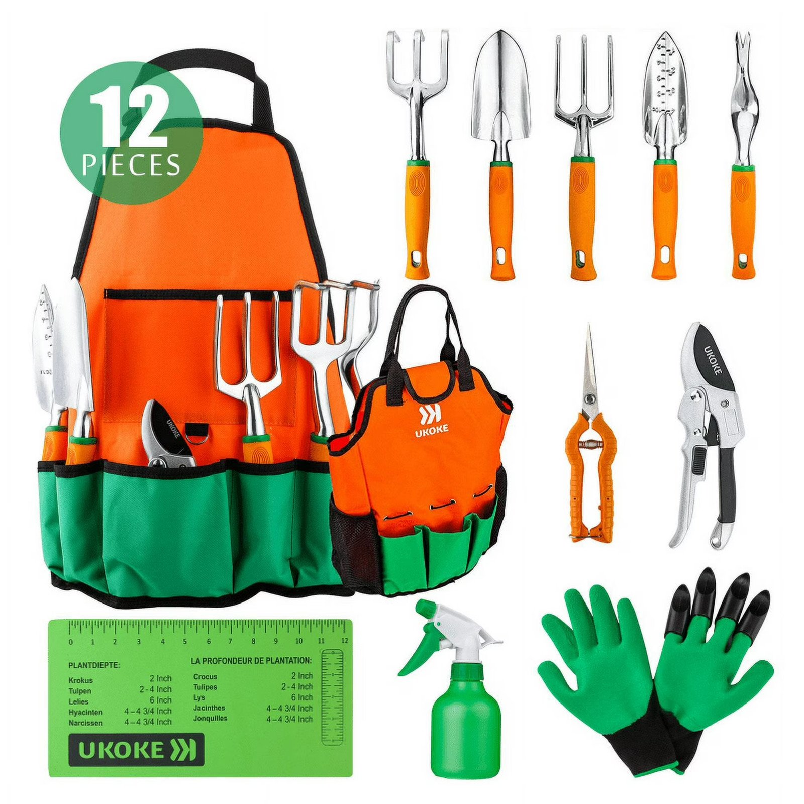 Garden Tools Set 12 Piece Aluminum, Gardening Apron with Storage Pocket
