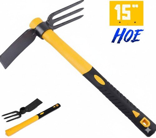 3 Sprongs Hoe Garden Rake with 15" Non-Slip Handle Tools for Digging