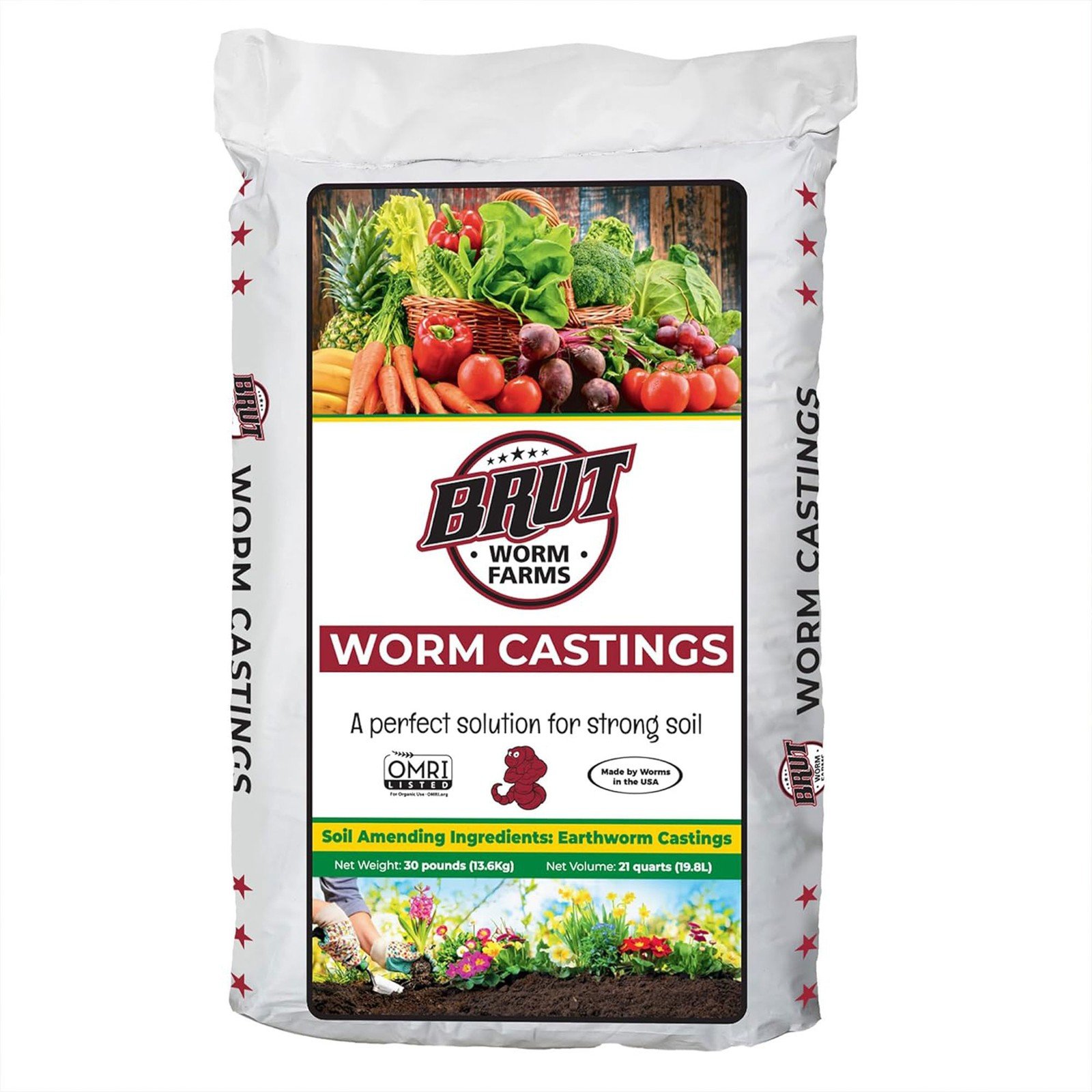 Brut Worm Farms 30 lb Organic Worm Castings Fertilizer for Indoor Outdoor Plants