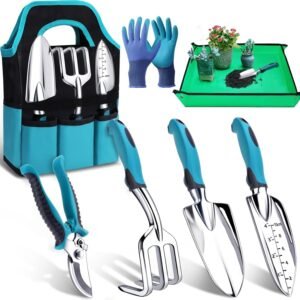 Gardening Tools Set 7 Piece Heavy Duty Aluminum Rust Resistant with Gloves Bag