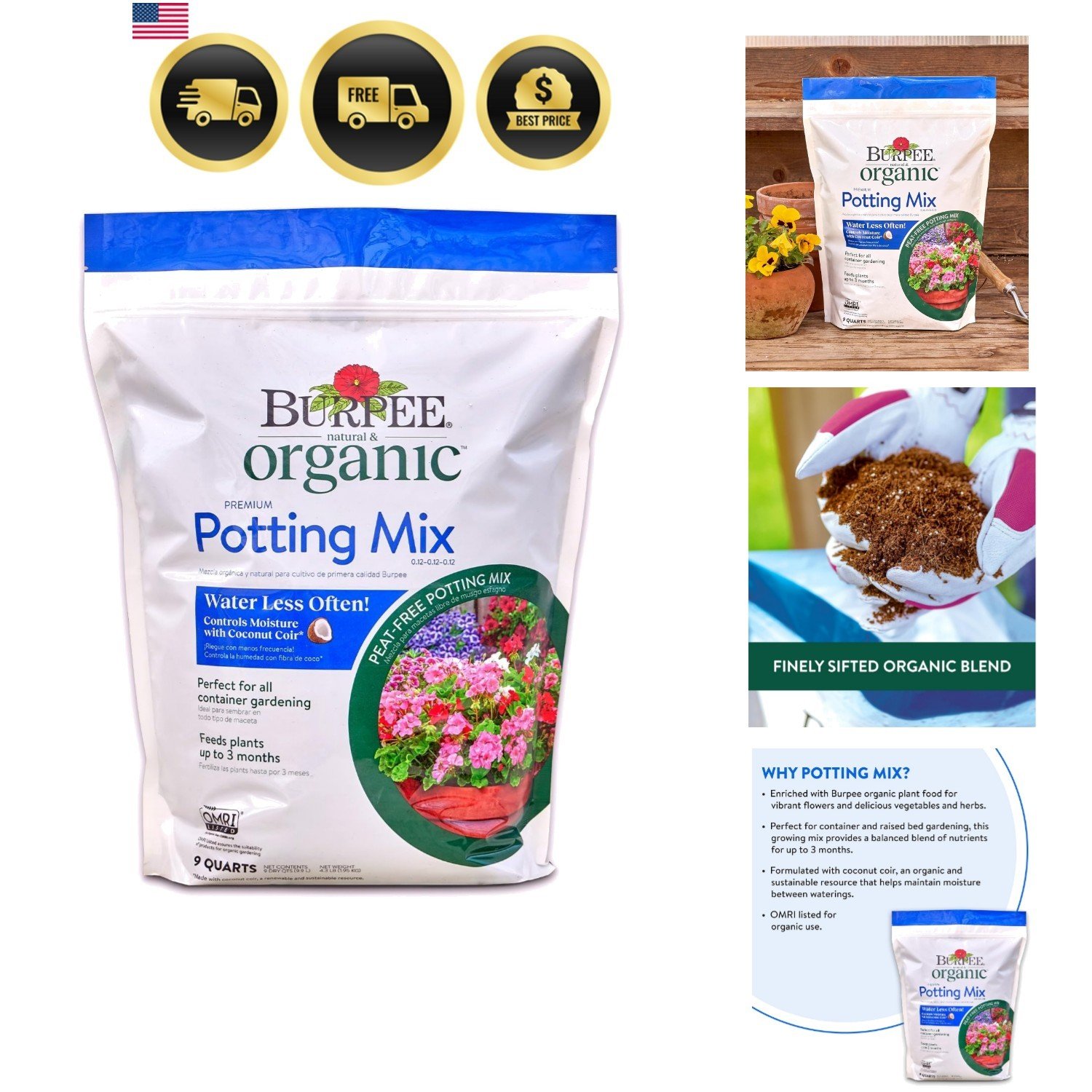 9 Quarts | Organic Potting Natural Soil Mix Food Ideal for Container Garden-...