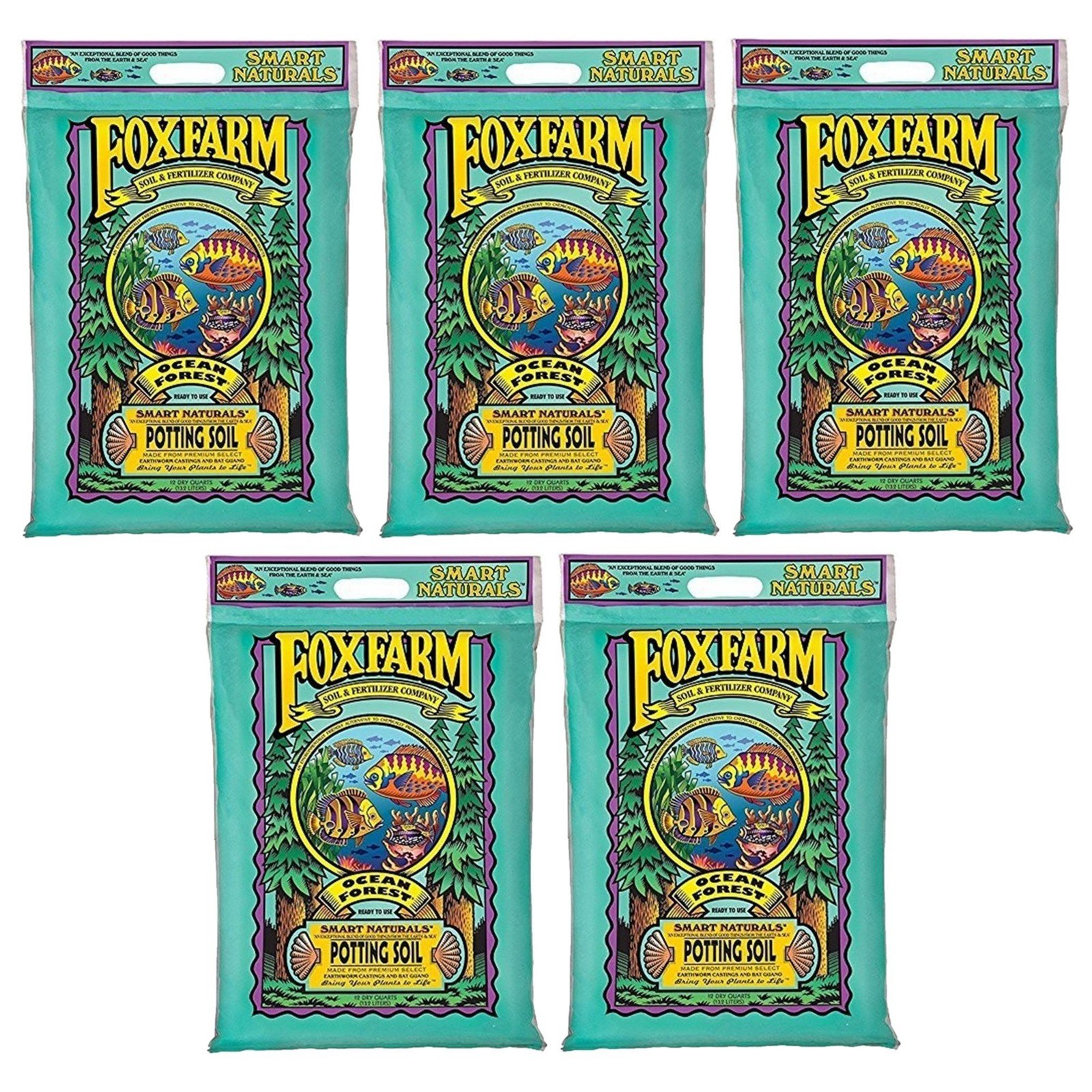 FoxFarm Ocean Forest Ready-to-Use Potting Soil with Fish Meal, 12qt, 5 Pack
