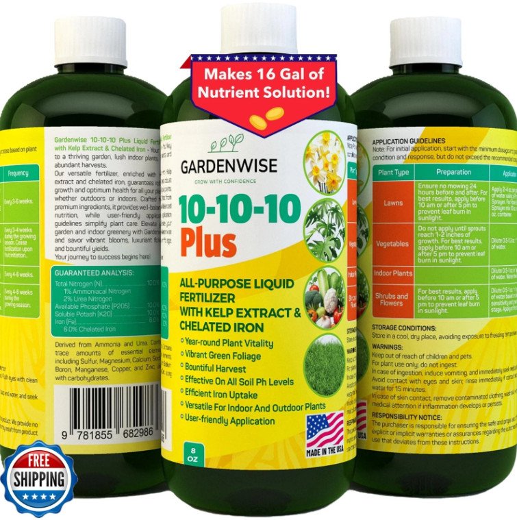 Gardenwise 10-10-10 All Purpose Liquid Plant Food 8oz w/ Seaweed Kelp & Iron