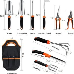 Gardening Tool Set 10 Pieces Stainless Steel Heavy Duty Garden Tools with