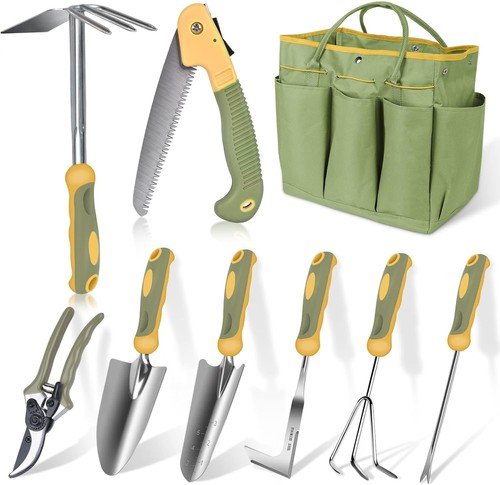 9Pcs Garden Tool Set Stainless Steel Heavy Duty Gardening Gifts with Tote Bag