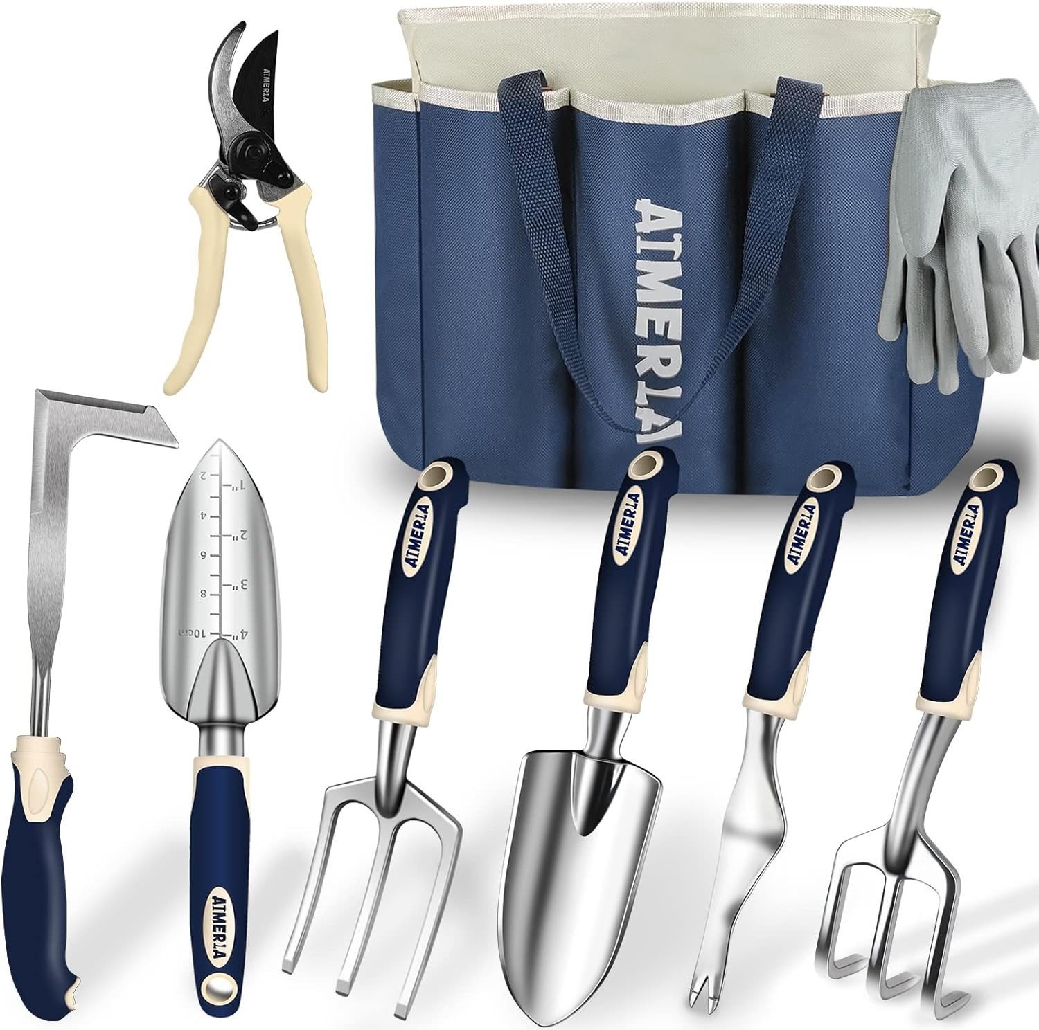 Gardening Tools Set of 9 Heavy Duty with Non-Slip Rubber Grip Large Garden Bag