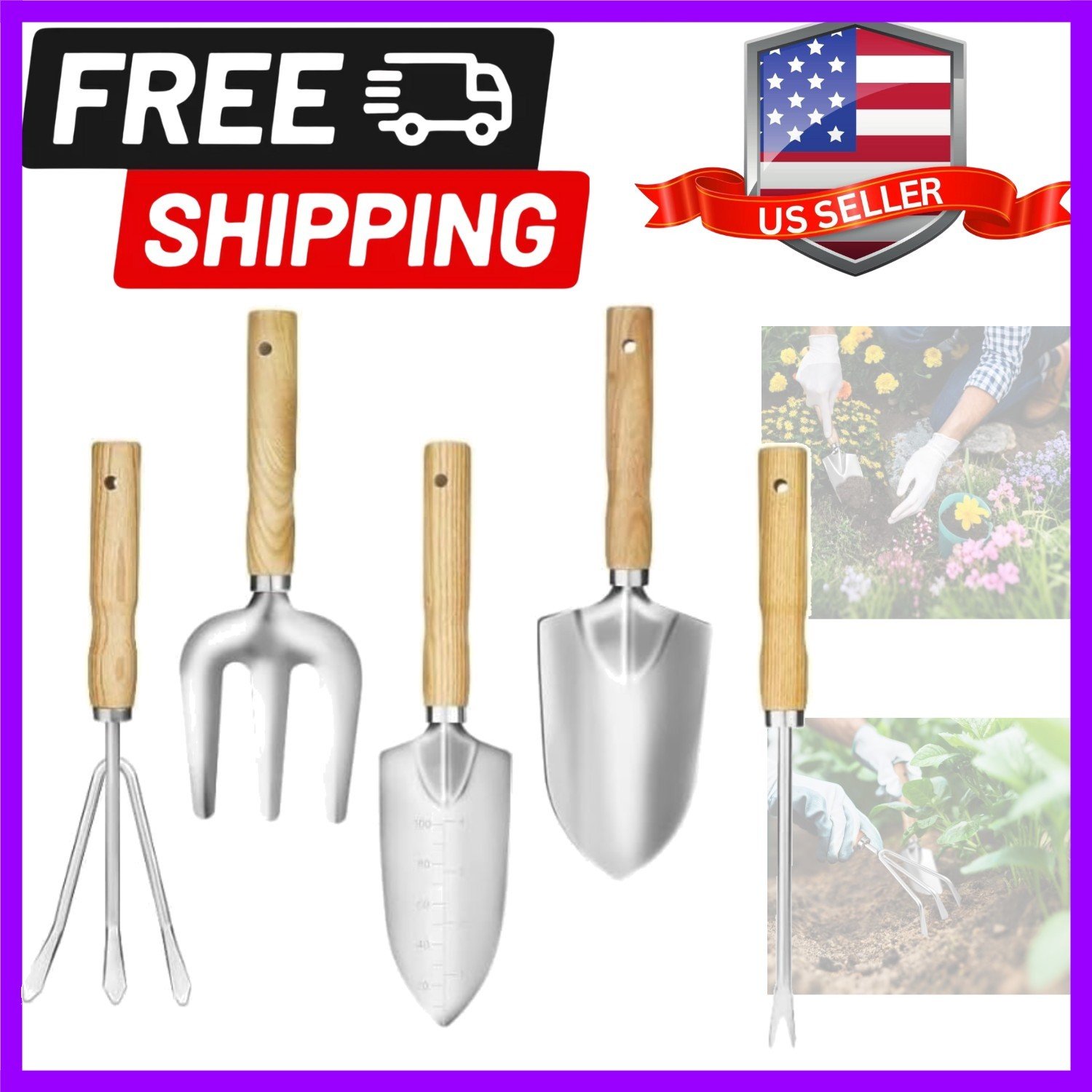 5-Piece Garden Tool Set - Heavy Duty Stainless Steel with Ergonomic Handles, ...