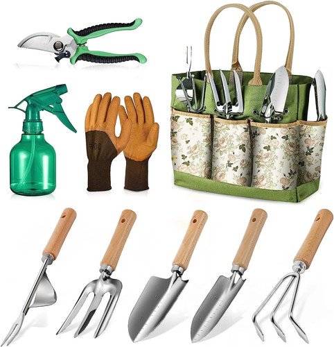 Garden Tool Set Stainless Steel 9 Piece Gardening Hand Tools Bundle with Tote