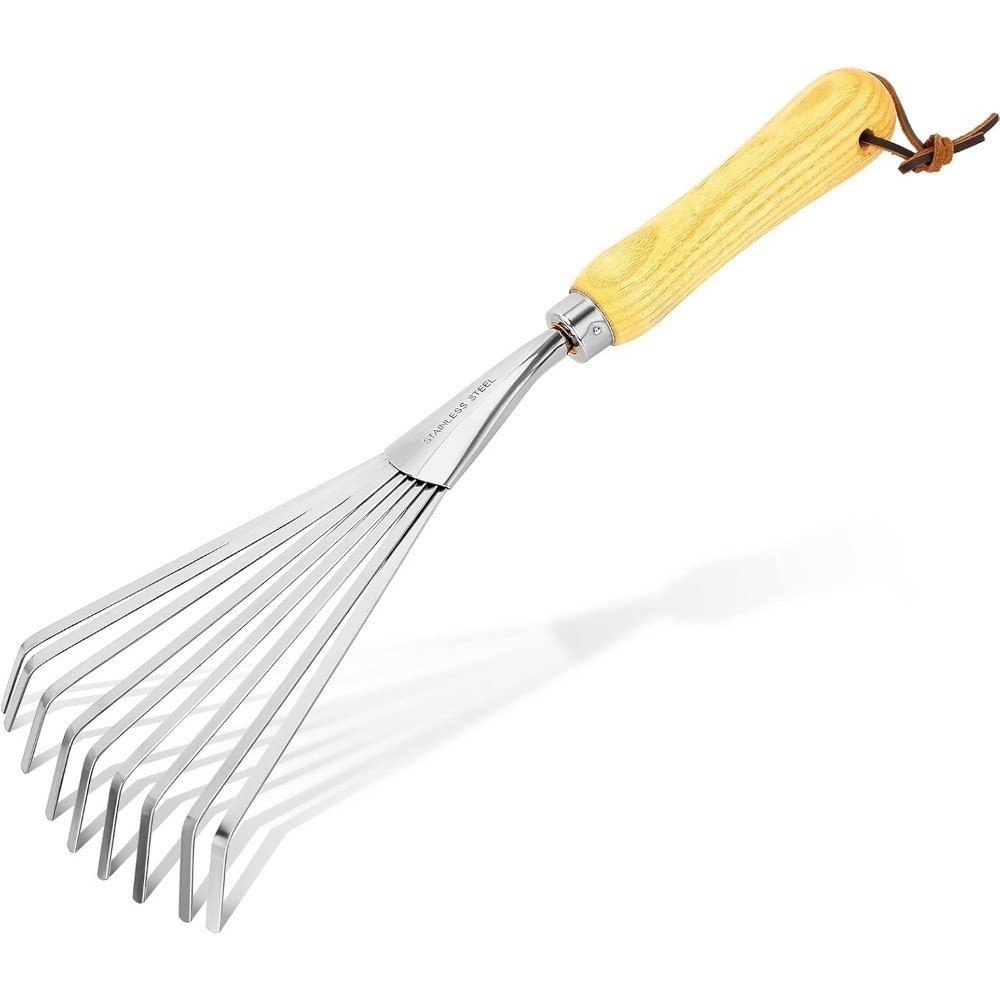 Gardening Hand Rake Stainless Steel Soil Tiller with Ergonomic Handle Small Leaf