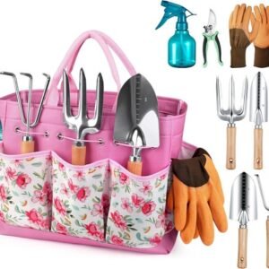 Grenebo 9-Pc Garden Tool Set, Heavy Duty, Rust-Proof, Pink, Gifts for Women