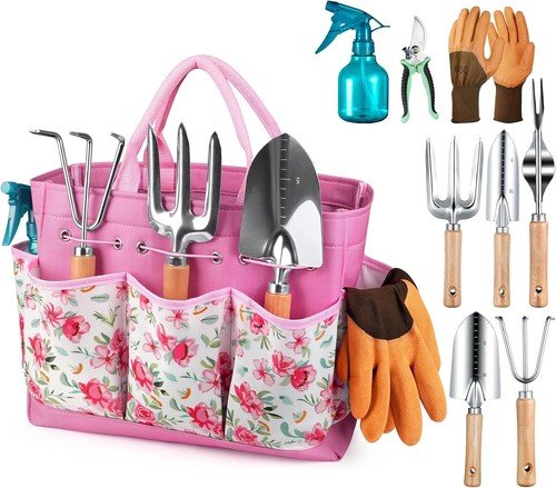 Grenebo 9-Pc Garden Tool Set, Heavy Duty, Rust-Proof, Pink, Gifts for Women