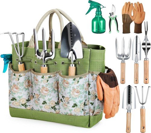 9Pcs Garden Tool Set Stainless Steel Heavy Duty Gardening Gifts with Floral Bag