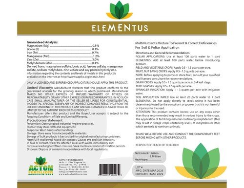 ELEMENTUS, Multi Mineral FERTILIZER, Zinc. Magnesium, Iron, Manganese, Boron