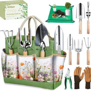 Garden Tools 9-Piece Heavy Duty Gardening Hand Tools with Floral Organizer Tote