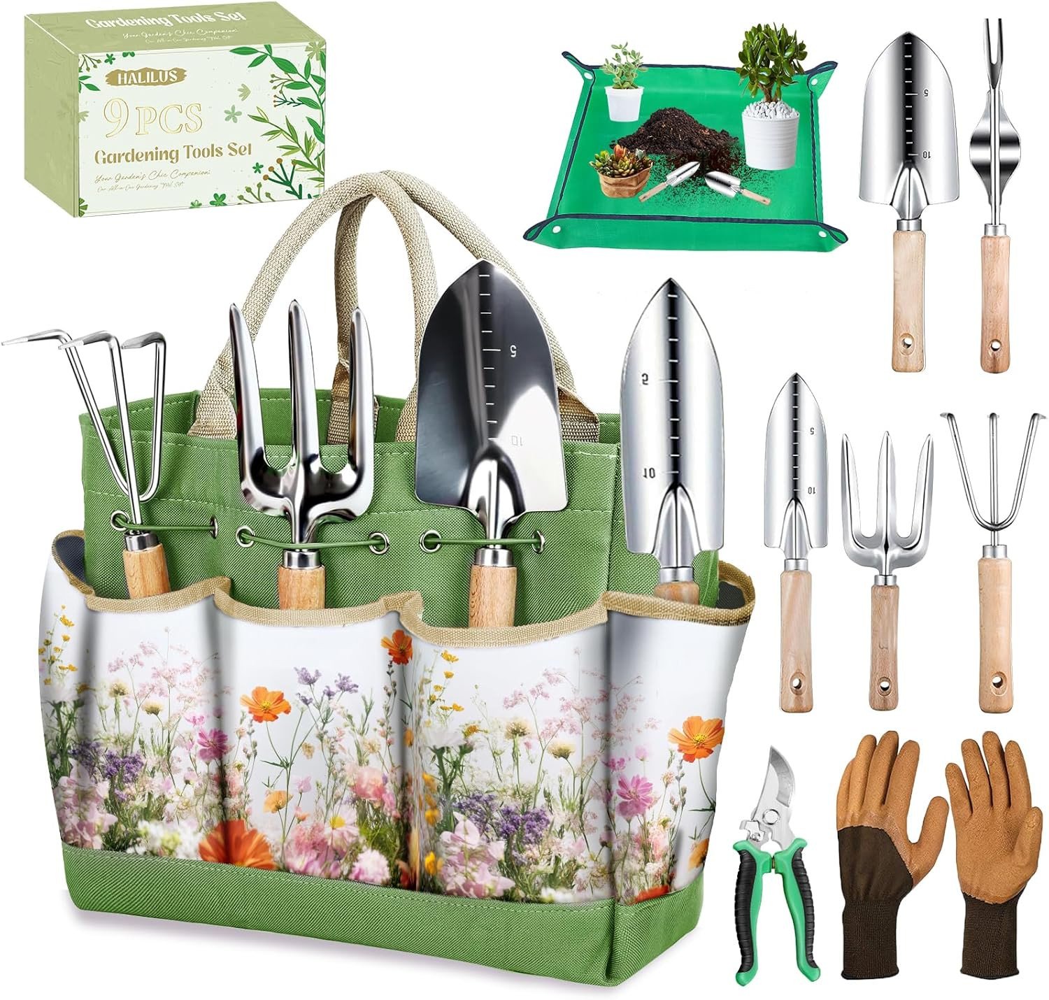 Garden Tools 9-Piece Heavy Duty Gardening Hand Tools with Floral Organizer Tote