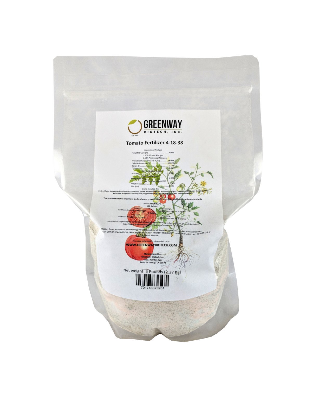 Tomato Fertilizer 4-18-38 + Micros 5 Pounds - Makes 1000 Gallons Hydroponics