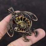 Gift For Her Copper Ammonite Fossil Jewelry Wire Wrapped Tortoise Pendant 2.56″