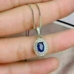 14K White Gold Plated 2Ct Oval Cut Simulated Blue Sapphire Double Halo Pendant