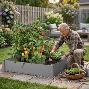 48" x 48" x 10" Raised Garden Bed Planter Box, Solid Wood, Gray