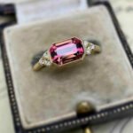 3Ct Emerald Cut Lab Created Pink Tourmaline Wedding Ring 14K Yellow Gold Finish