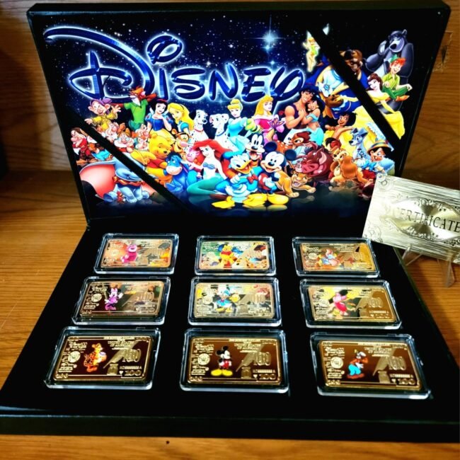 Disney 9 Piece-24K Gold Plated Bars Collectors Set-W/Certificate Of Authenticity