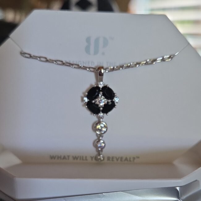 BP The Shimmering Floral Key Black Onyx CZ Rhodium Plated Necklace NIP MSRP $128