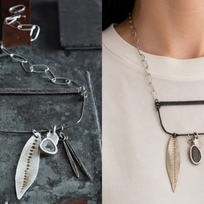 Rhodium Plated Sterling Silver Bar Charm Necklace | Drusy | Hand Forged | $370