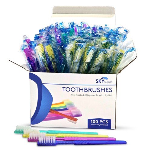 100x Pre-Pasted Toothbrushes in Dispenser Box Individual Wrapped Xylitol Mint