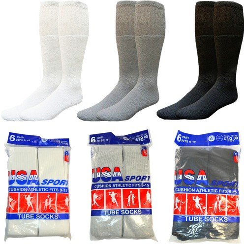 3 6 12 Pairs Mens Cotton Athletic Solid Sports Tube Socks Size 9-15 Made In USA
