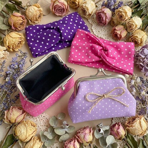 4pc Purple Pink Polka Dot Accessory Gift Set 2 Headbands 2 Kiss Lock Coin Purses