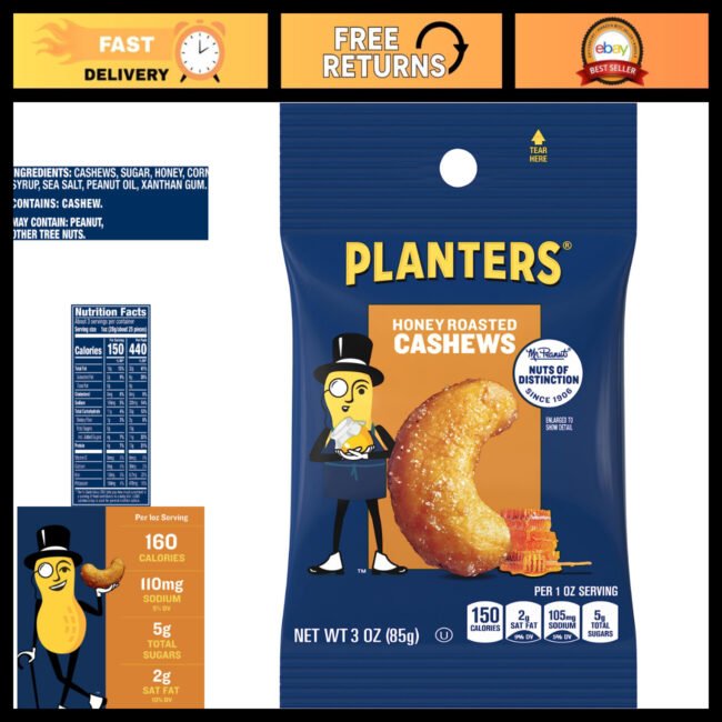 Honey Roasted Cashews - Plant-Based Protein Snack, 3 Oz (12 Pack) - Healthy Trea