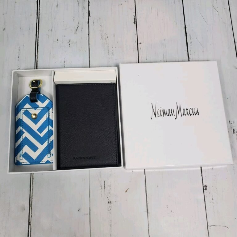 Neiman Marcus Passport Holder Luggage Tag Set Aqua & Black Gift Set NEW