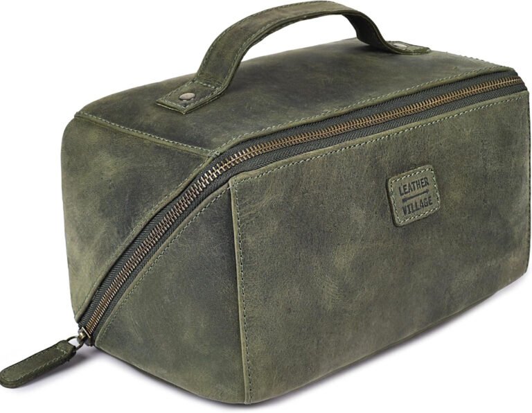 Olive Genuine Leather Dopp Kit – Large Travel Cosmetic Organizer for All Essenti