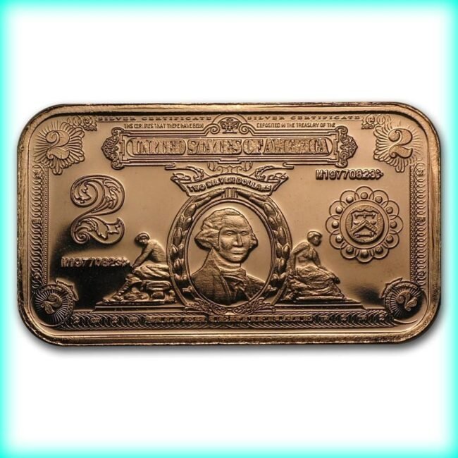 1 AVDP OZ COPPER BAR: 1899 $2 "Porthole" Banknote – .999 Fine Pure Copper