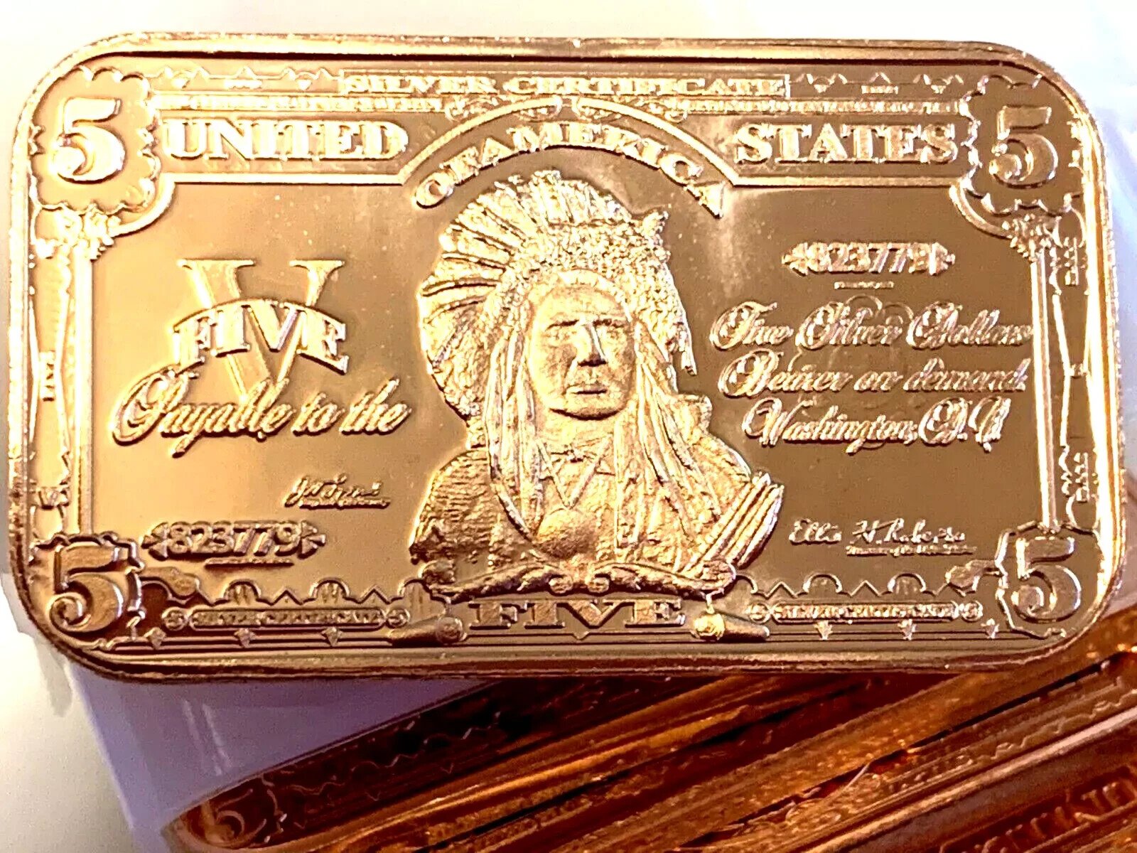 1899 Indian Chief $5 bill 20-PACK of 1 ounce copper bars, 20 bars, by REEDERSONG