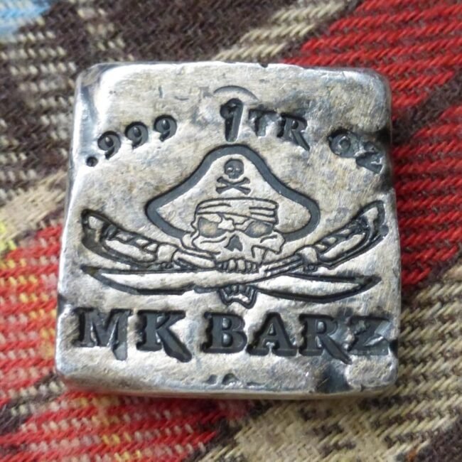 1oz .999 Fine Silver Bar, MK Barz, Jolly Roger Pirate Skull Square Bar, 1 Ounce
