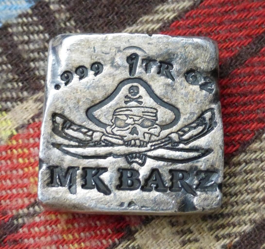 1oz .999 Fine Silver Bar, MK Barz, Jolly Roger Pirate Skull Square Bar, 1 Ounce