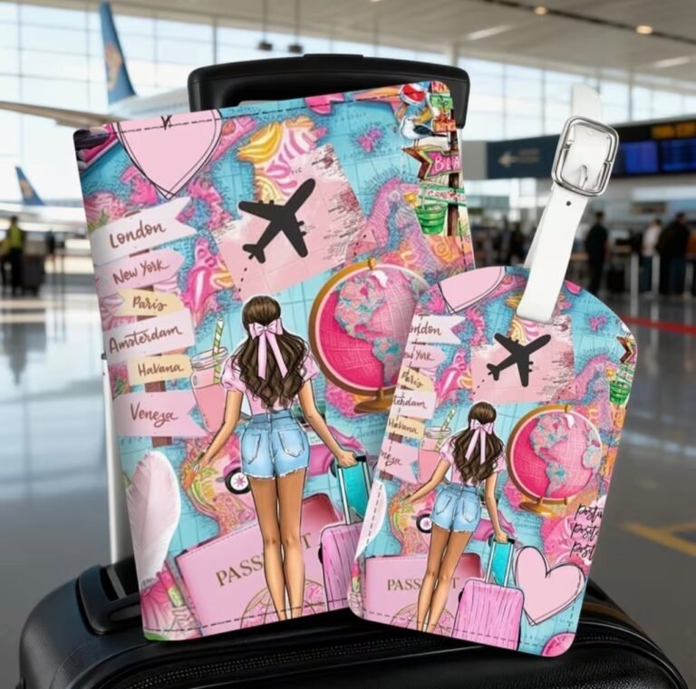 Pink Travel Girl Passport Holder Luggage Tag Set World Map Suitcase Gift PU
