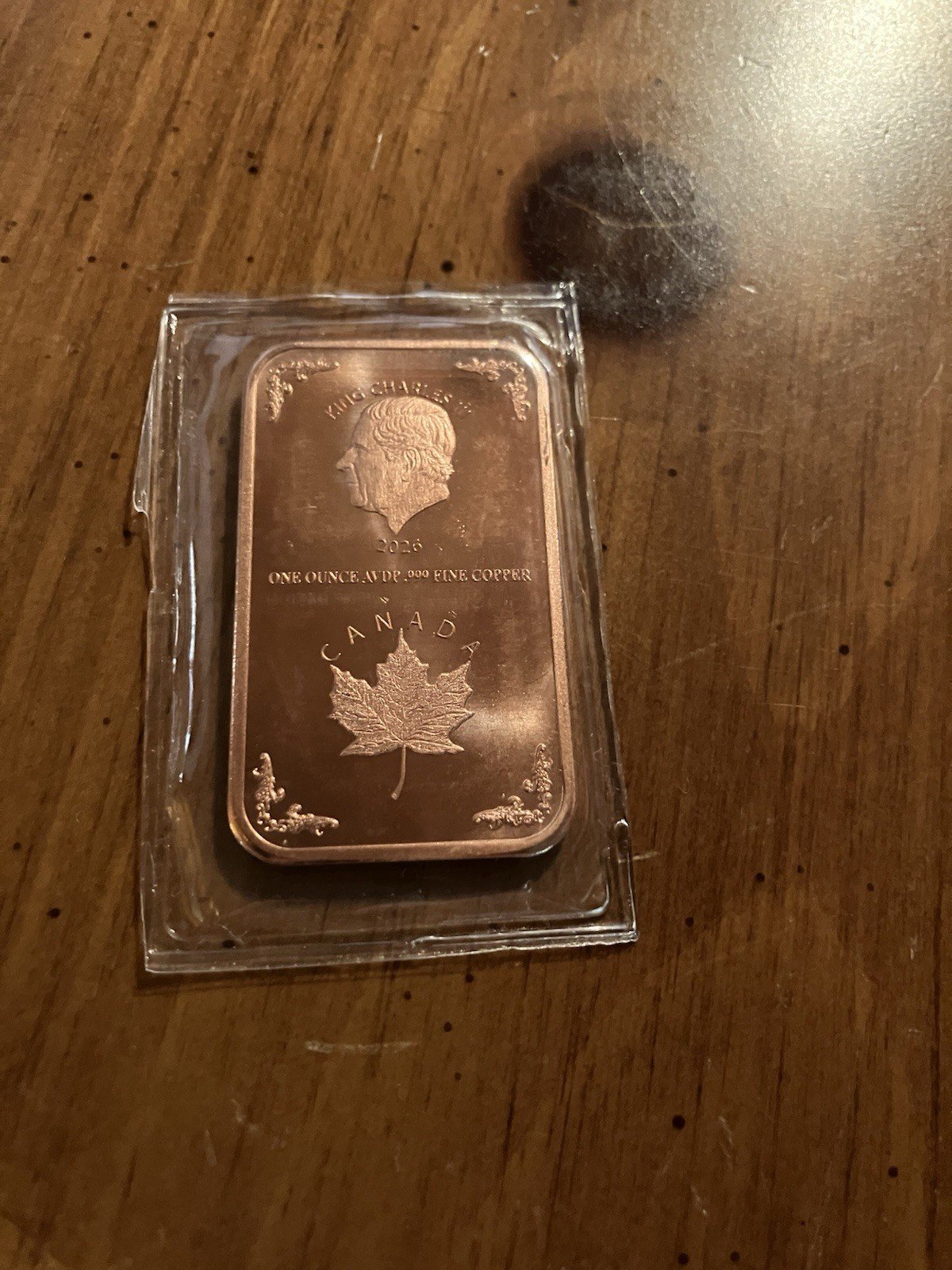2026 Copper Bullion 1oz Bar Maple Leaf - King Charles