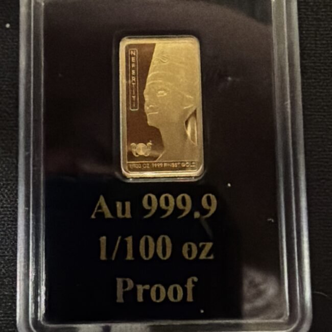 1/100 oz Gold Bar .9999 Fine Au PROOF – Egyptian Nefertiti – Sealed
