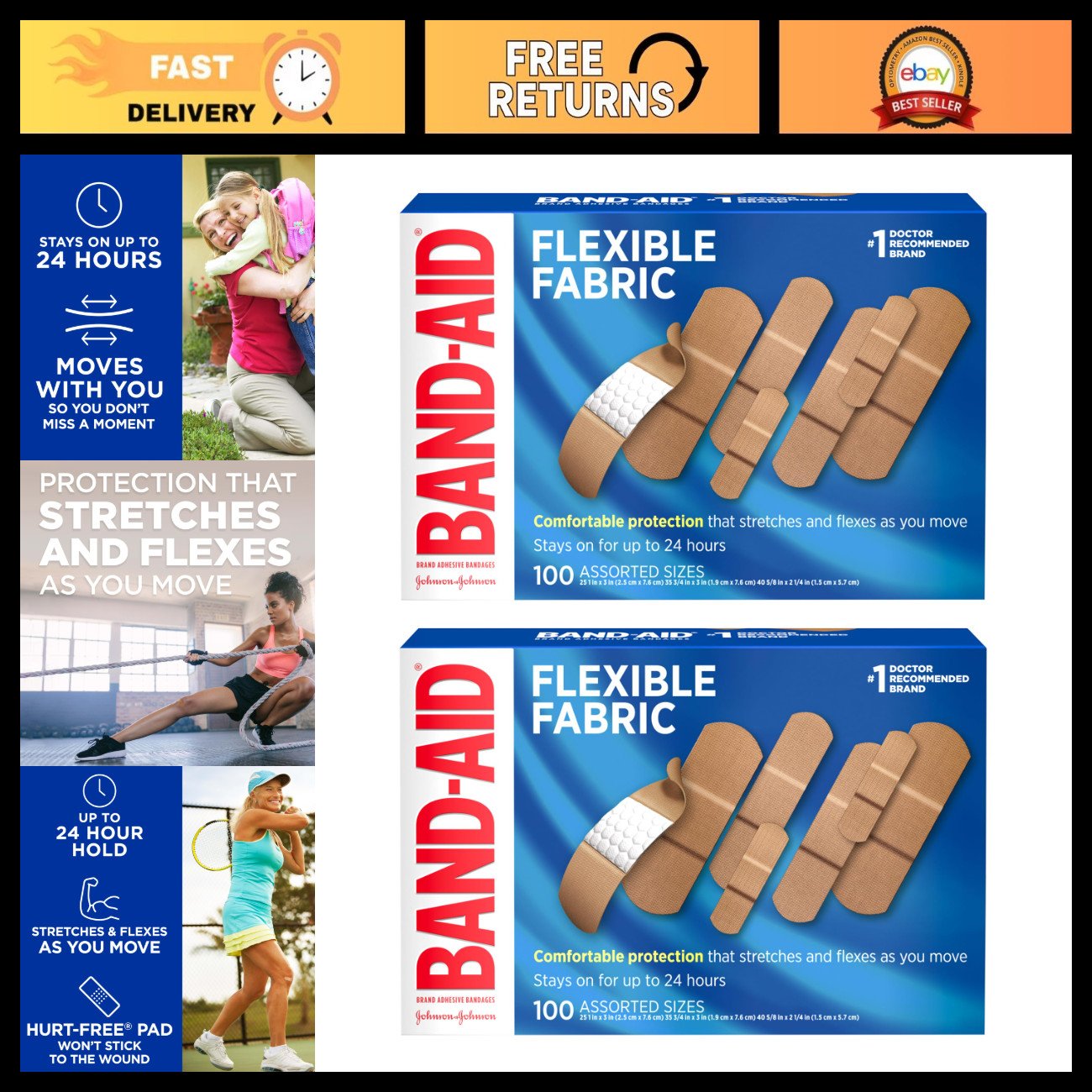 Flexible Fabric Adhesive Bandages, Assorted Sizes, 200 Total, First Aid Supplies