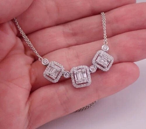 14K White Gold Silver Plated 2Ct Lab Created Diamond Emerald Pendant Bar Cluster