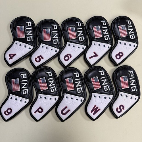 [MAGNETIC] PING USA GOLF Iron Head Cover 10 Pcs 4-P, U, S, W (Black & White),NEW